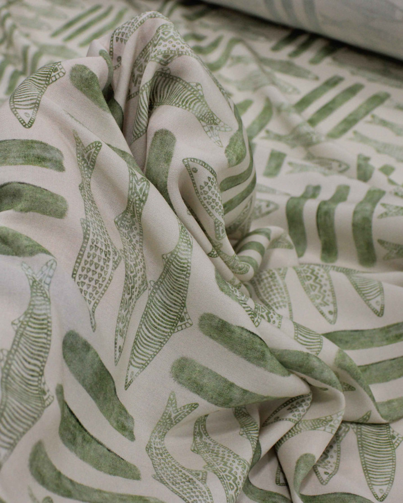 Tecido Viscose Premium Sardine Estampada Verde Menta Sálvia e Creme
