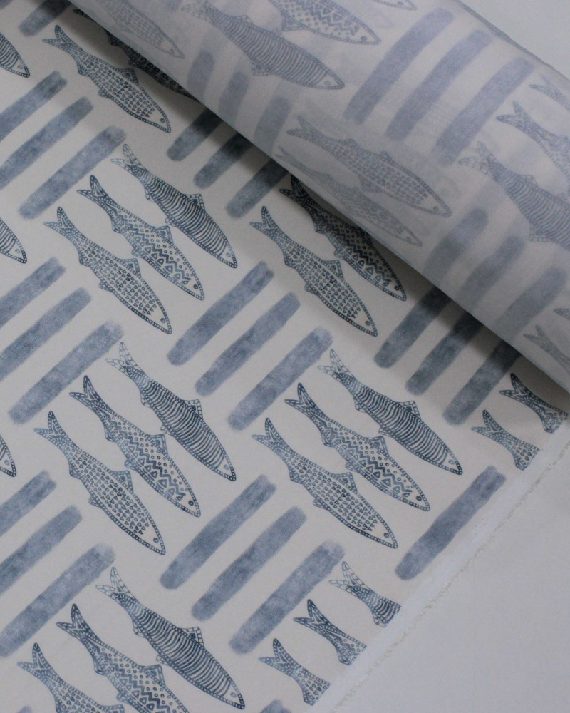 Tecido Viscose Premium Sardine Estampada Azul Ardósia e Creme