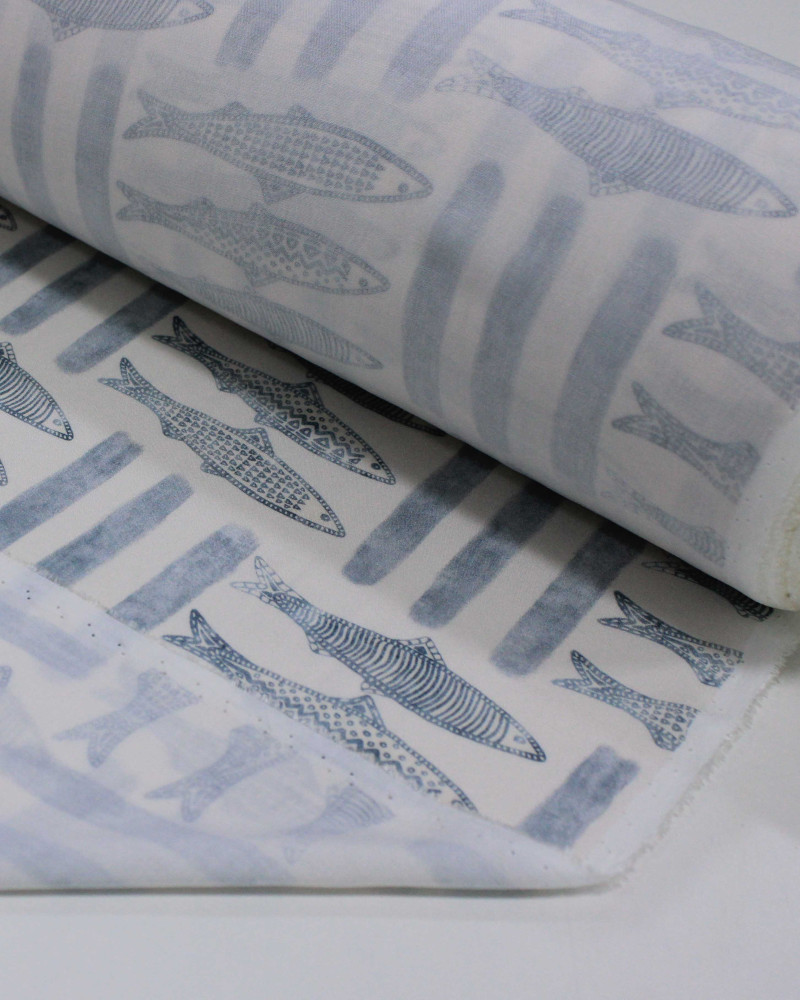 Tecido Viscose Premium Sardine Estampada Azul Ardósia e Creme
