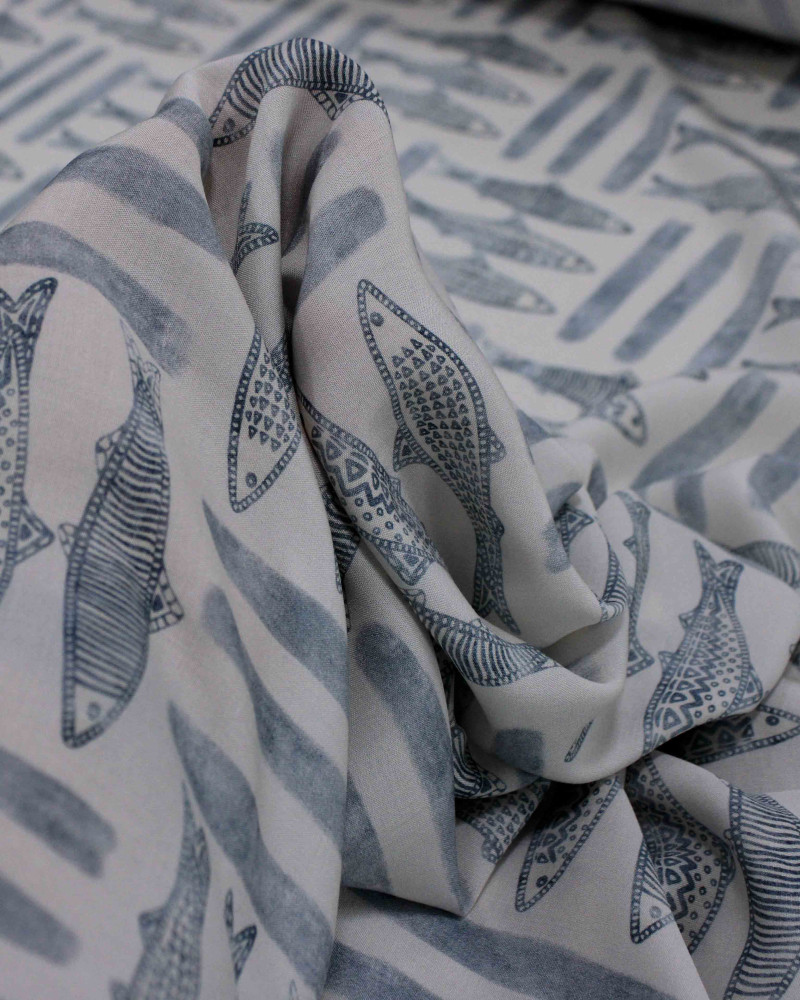 Tecido Viscose Premium Sardine Estampada Azul Ardósia e Creme