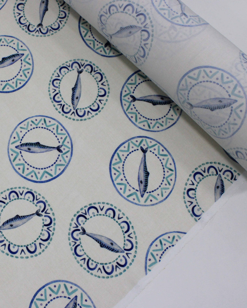 Tecido Viscose Premium Sardine em Círculos Azul, Verde e Lichia