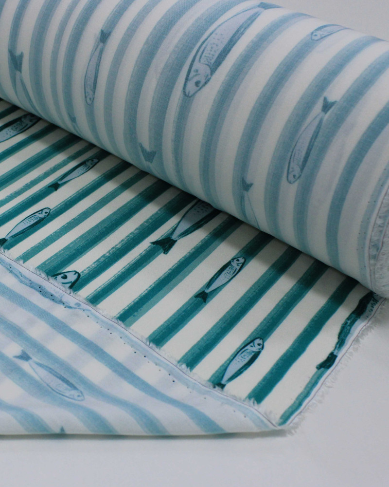 Tecido Viscose Premium Sardine em Listras Verde Teal e Branco