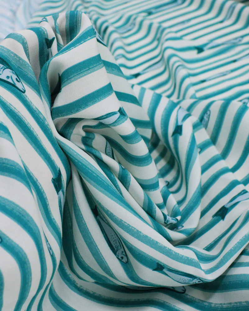 Tecido Viscose Premium Sardine em Listras Verde Teal e Branco