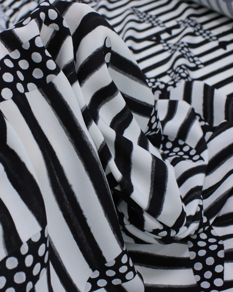 Tecido Viscose Premium Sardine Listrado e Poá Preto e Branco