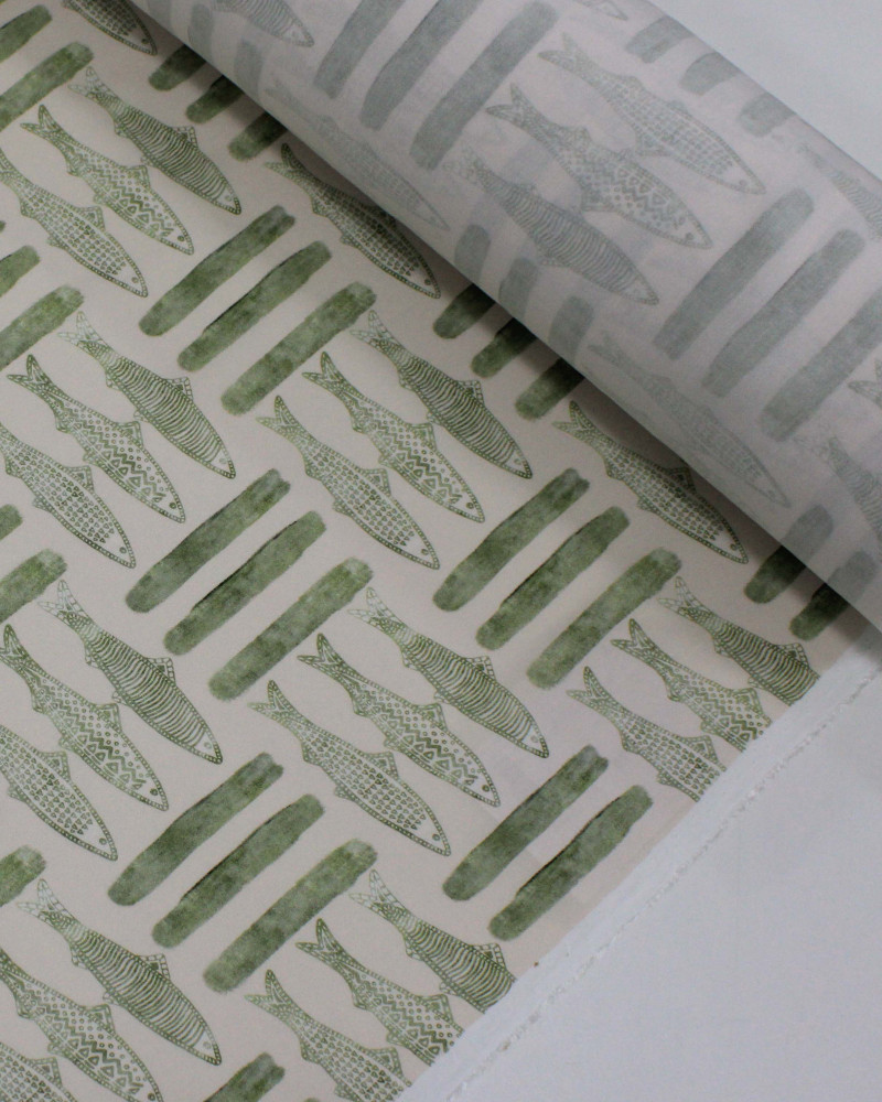 Tecido Viscose Premium Sardine Estampada Verde Menta Sálvia e Creme