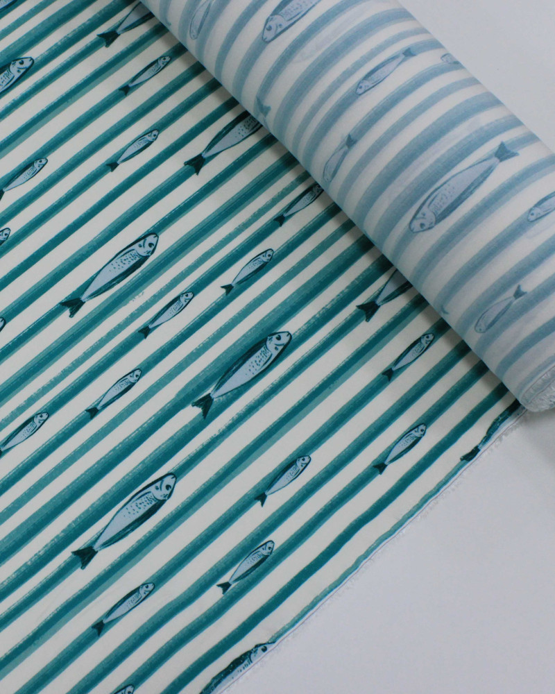 Tecido Viscose Premium Sardine em Listras Verde Teal e Branco