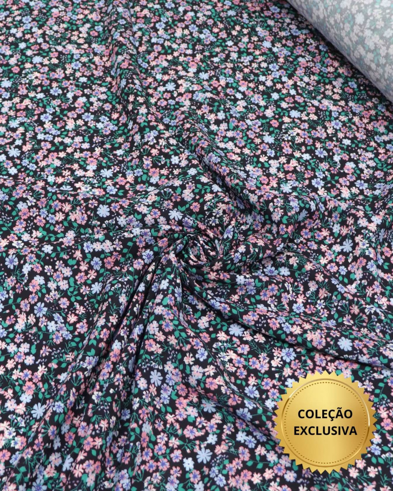 Tecido Viscose Premium Tapete Floral Azul, Rosa e Preto Liberty