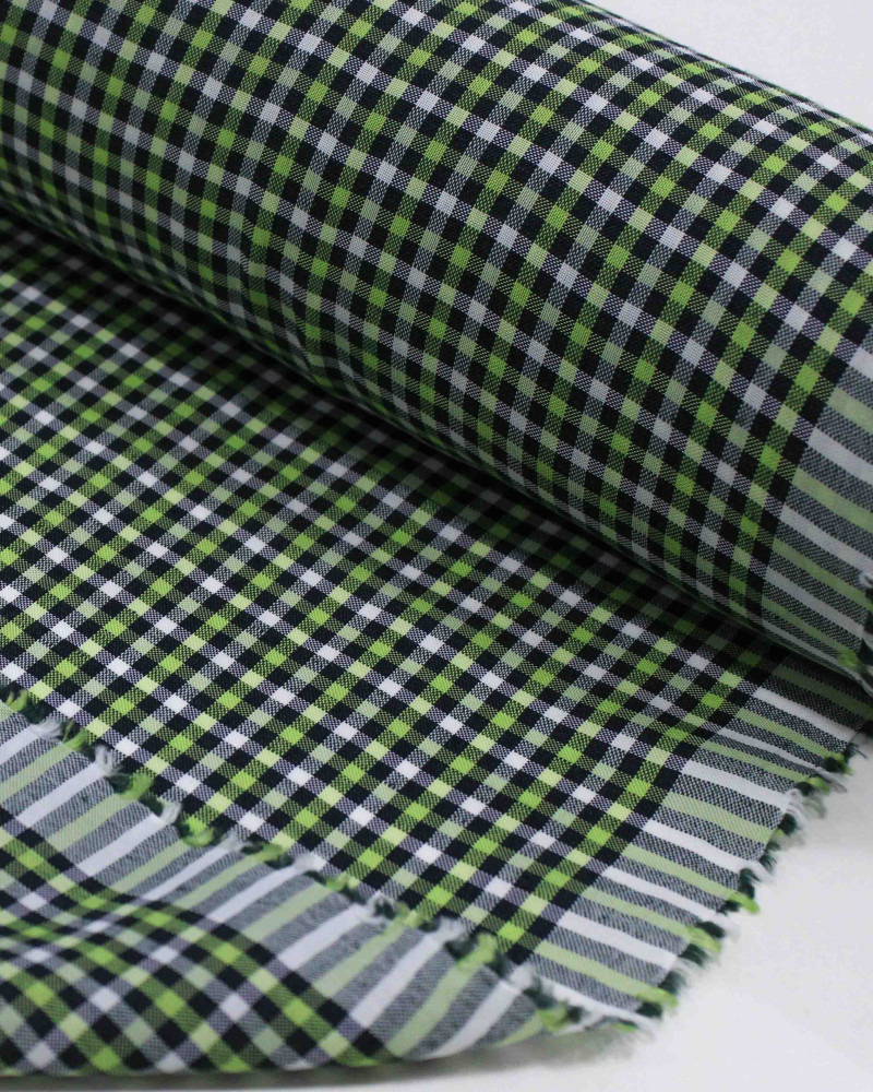 Tecido Linho Misto Italiano Micro Quadriculado Branco, Preto e Verde