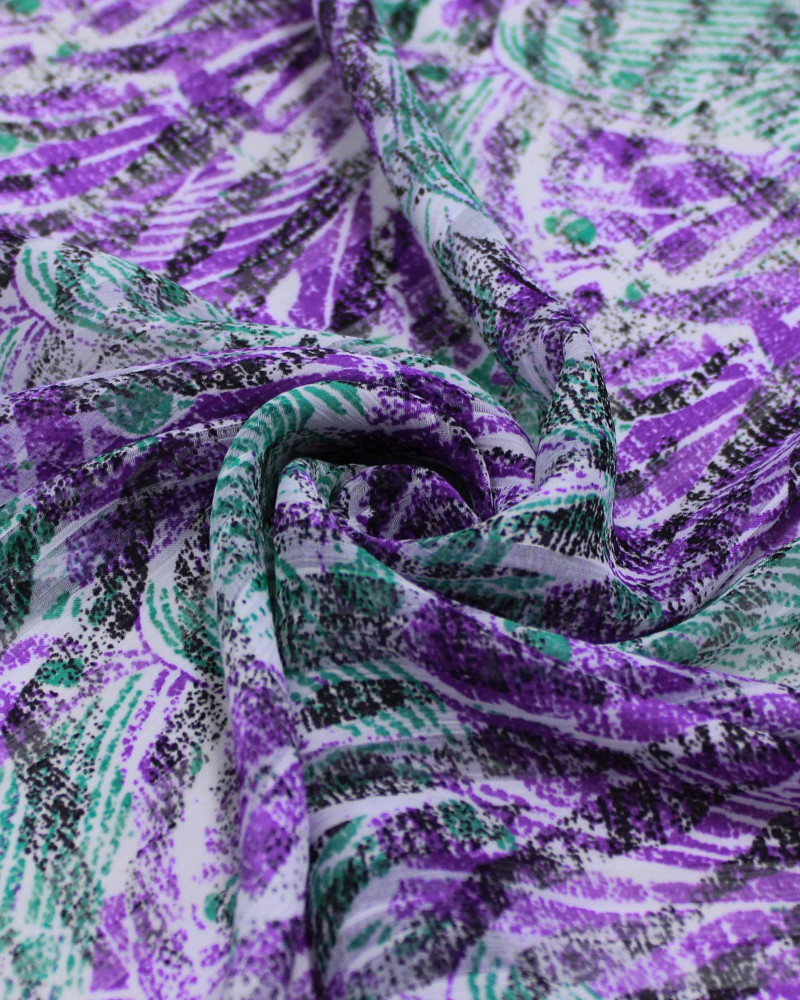 Tecido Crepe Chiffon Brocado Listras Abstratas Verde e Roxo