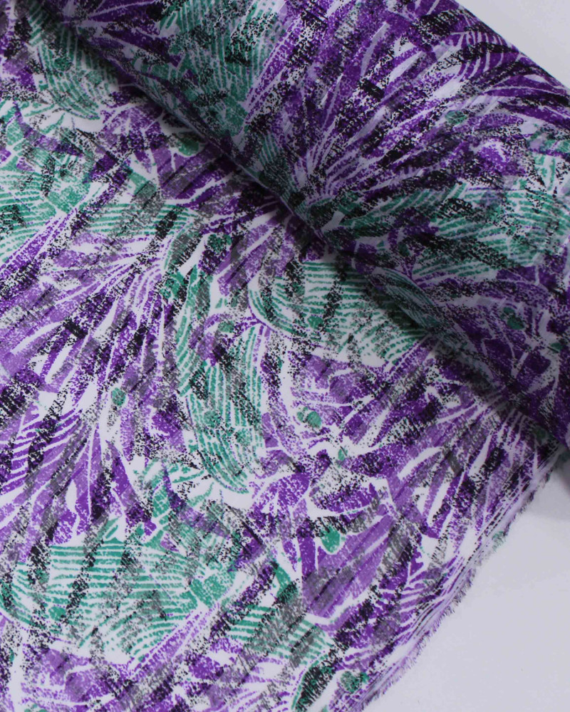 Tecido Crepe Chiffon Brocado Listras Abstratas Verde e Roxo