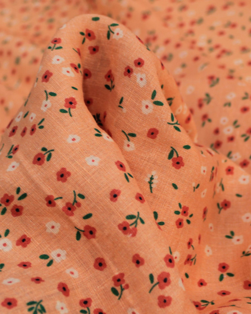 Tecido Linho Puro Italiano Micro Flores Colorido e Salmão