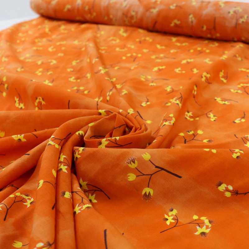 Tecido Cambraia de Algodão Micro Floral Laranja