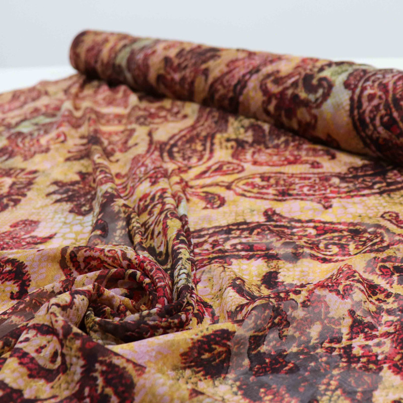 Tecido Crepe Chiffon Macro Cashmere Marsala e Dourado