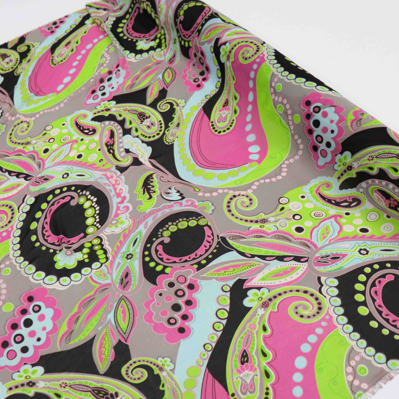 Tecido Crepe Chiffon Macro Cashmere Verde e Rosa Neon