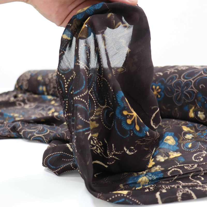 Tecido Crepe Chiffon Floral e Arabescos Estonado Marrom