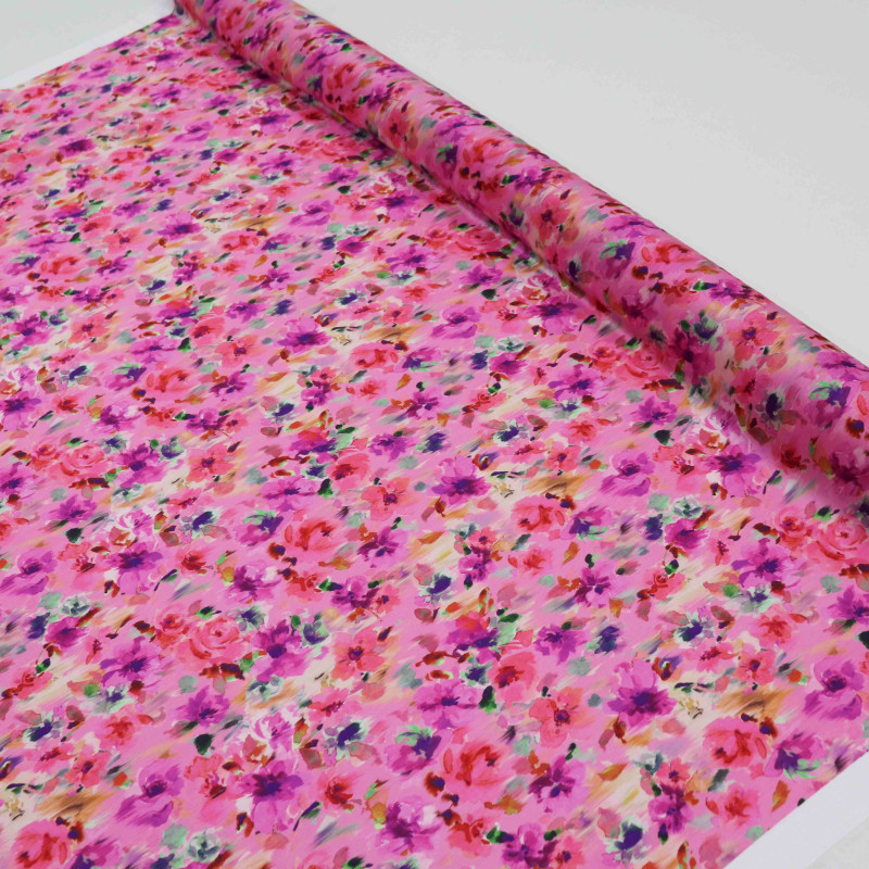 Tecido Crepe Chiffon Italiano Floral Rosa e Lilás