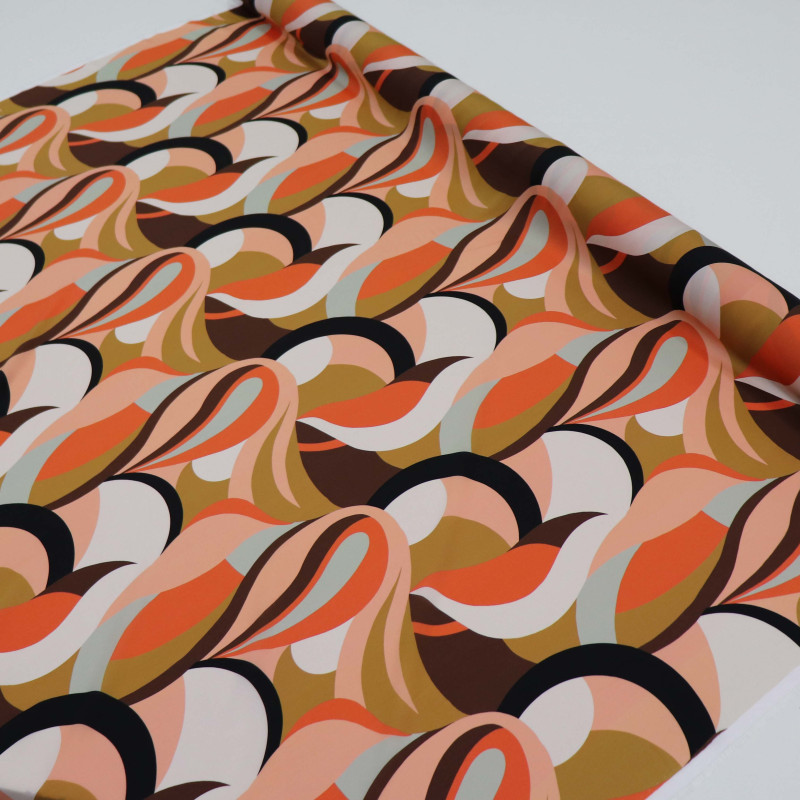 Tecido Crepe Silk Italiano Abstrato Salmão e Preto