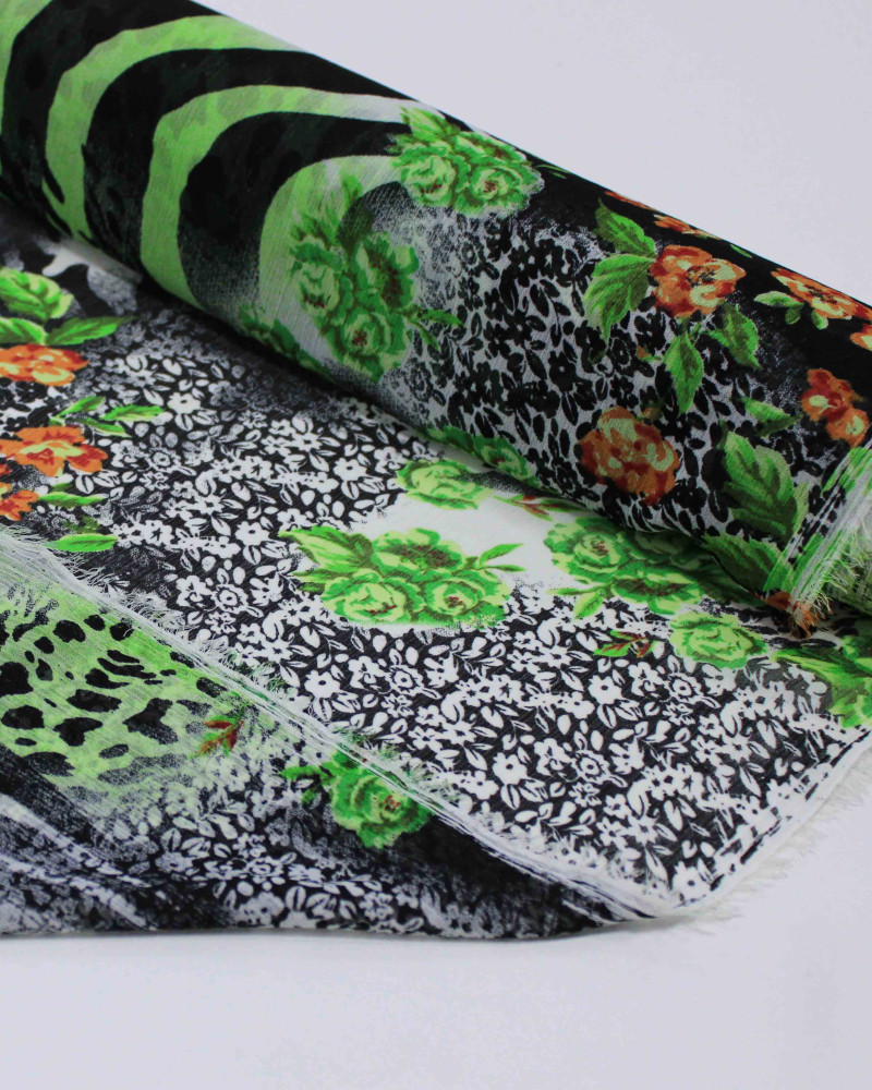 Tecido Crepe Chiffon Italiano Multi Estampa Preto e Tons de Verde