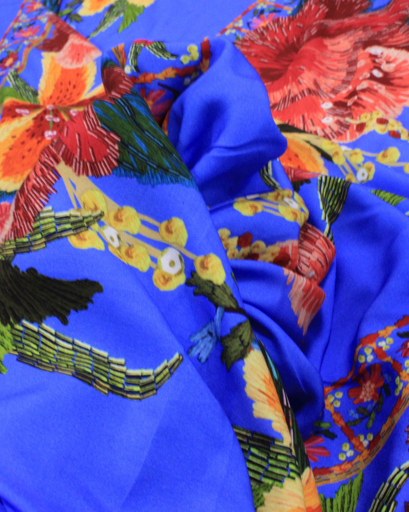 Teicod Viscose Listras Florais Colorido e Azul (Com Leves Defeios)