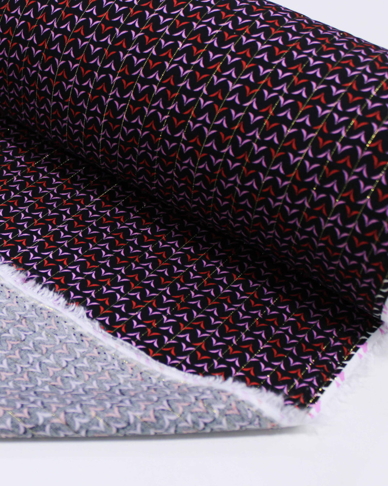 Tecido Viscose com Lurex Micro Estampa Rosa, Vermelho e Preto