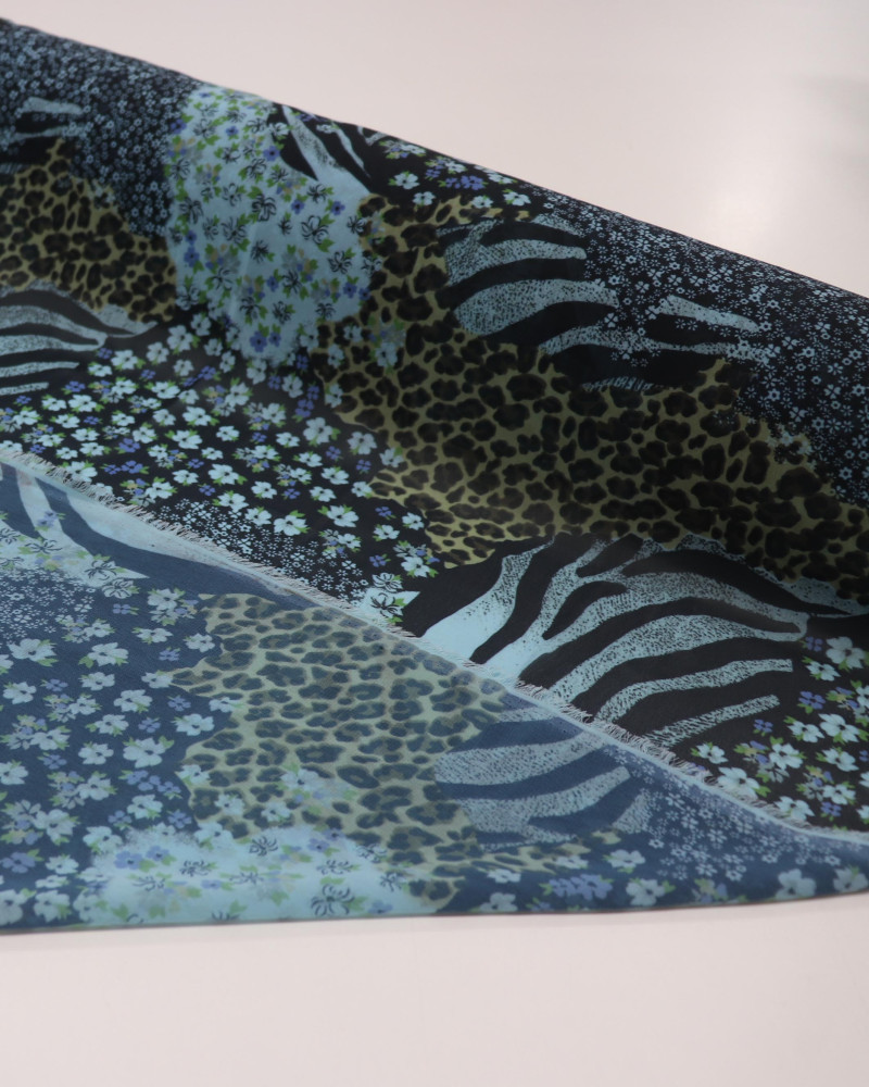 Tecido Crepe Chiffon Multi Estampado Tons de Azul