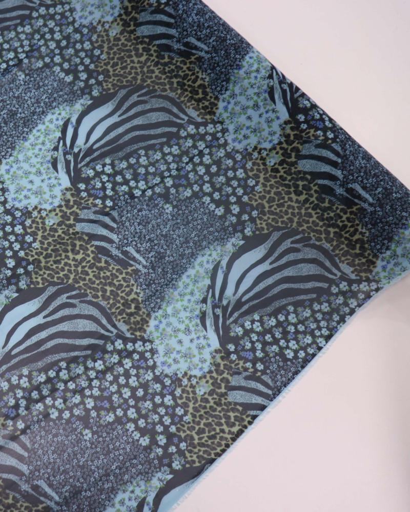 Tecido Crepe Chiffon Multi Estampado Tons de Azul