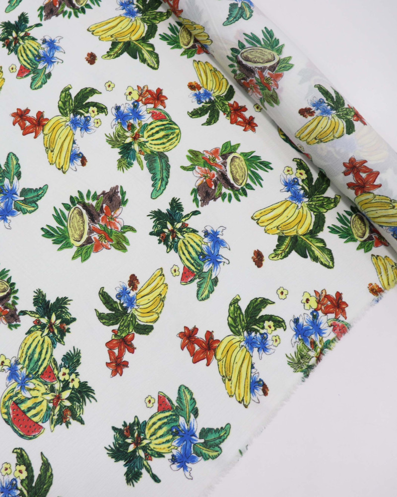 Tecido Crepe Texturizado Frutas Tropicais Colorido e Branco