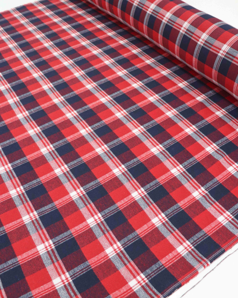 Tecido Flanela Mista Xadrez Tartan Azul Noite, Branco e Vermelho