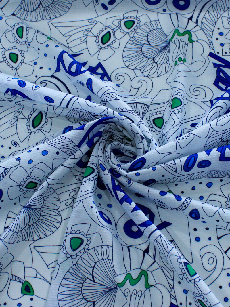 Tecido Cambraia de Algodão Desenhos Abstratos Baby Azul e Branco