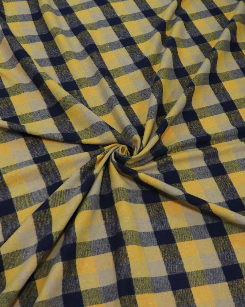 Tecido Flanela Mista Xadrez Preto, Bege e Amarelo Queimado