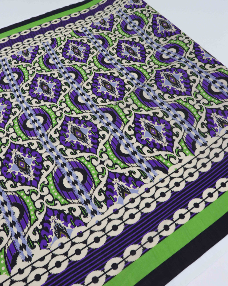 Tecido Viscose Italiano Arabesco Barrado Verde e Roxo