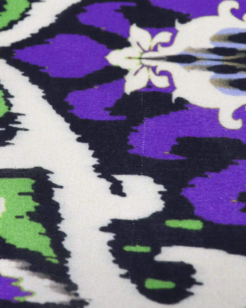 Tecido Viscose Italiano Arabesco Barrado Verde e Roxo
