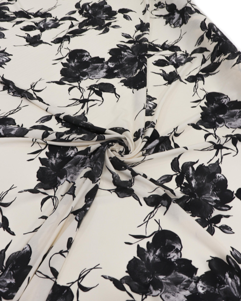 Tecido Viscose Italiano Macro Floral Preto e Creme
