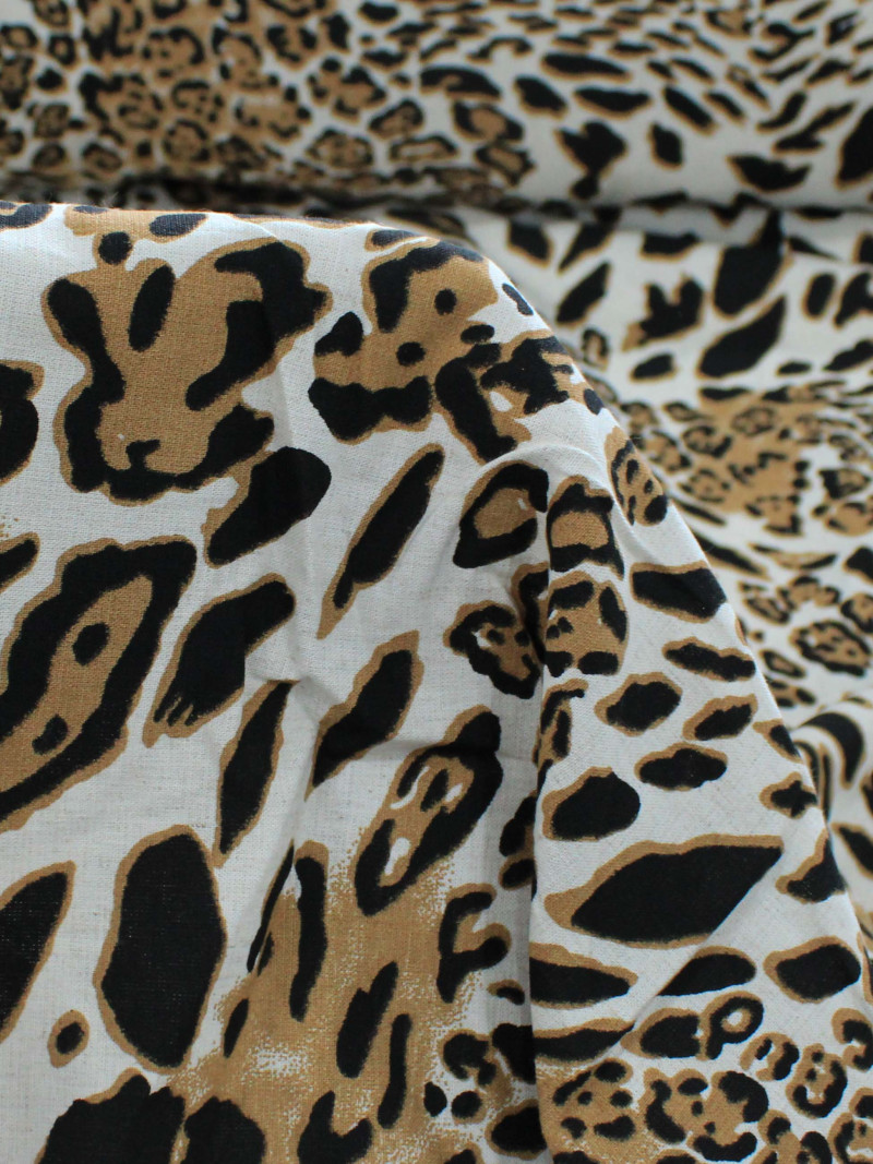Tecido Linho Misto Leve Animal Print Classico Preto e Bege