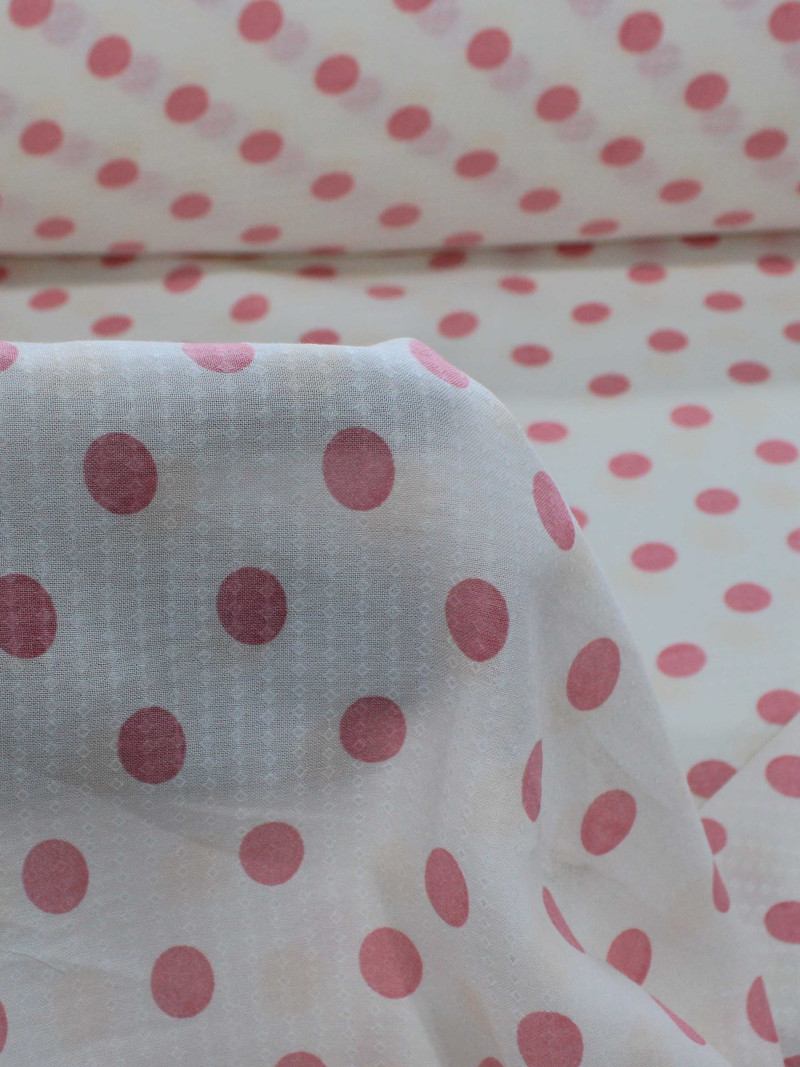 Tecido Viscose Maquinetada Poá Rosa e Branco