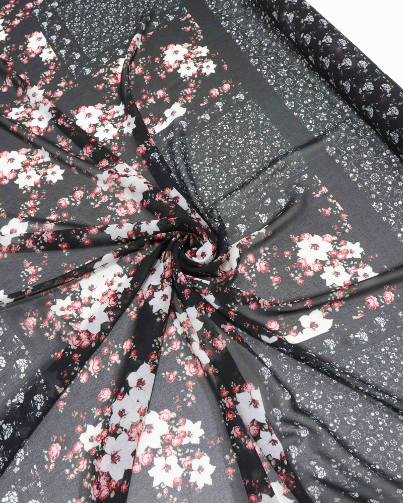 Tecido Crepe Chiffon Italiano Barrado Floral Diversos Branco Vermelho e Preto