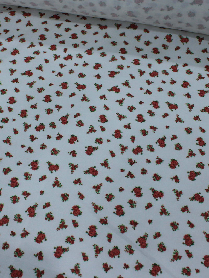 Tecido Sarja Mista com Elastano Micro Rosas Branco