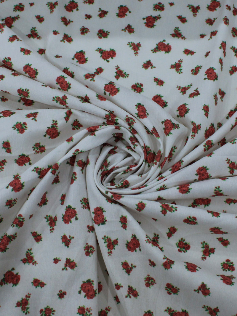 Tecido Sarja Mista com Elastano Micro Rosas Branco