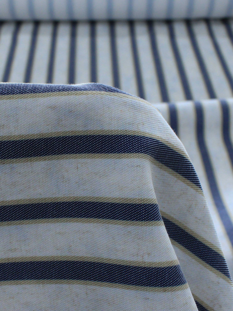 Tecido Sarja Mista Com Elastano Listras Bege e Azul