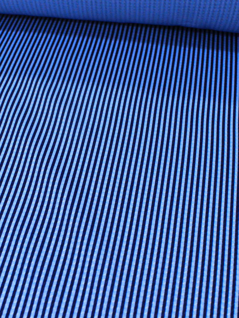 Tecido Viscose Mista Grossa Maquinetada Listras Tons de Azul e Preto
