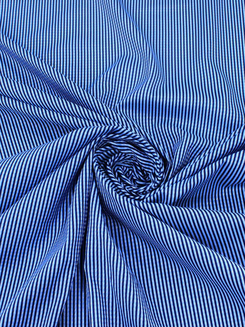 Tecido Viscose Mista Grossa Maquinetada Listras Tons de Azul e Preto
