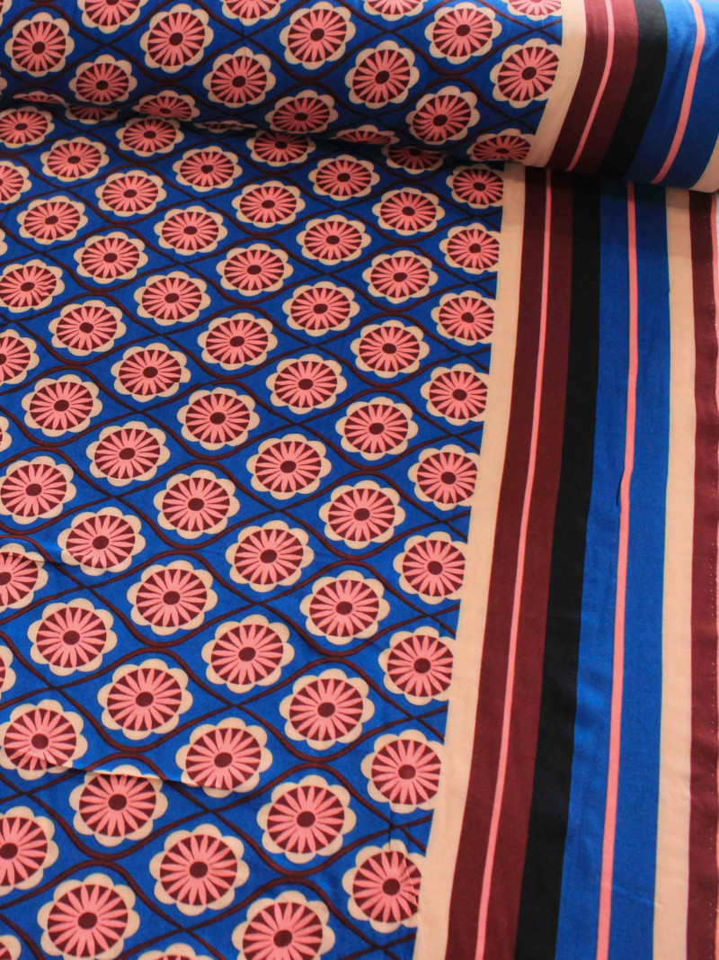 Tecido Viscose Floral Geométrico e Barrado Listrado Bordô e Azul