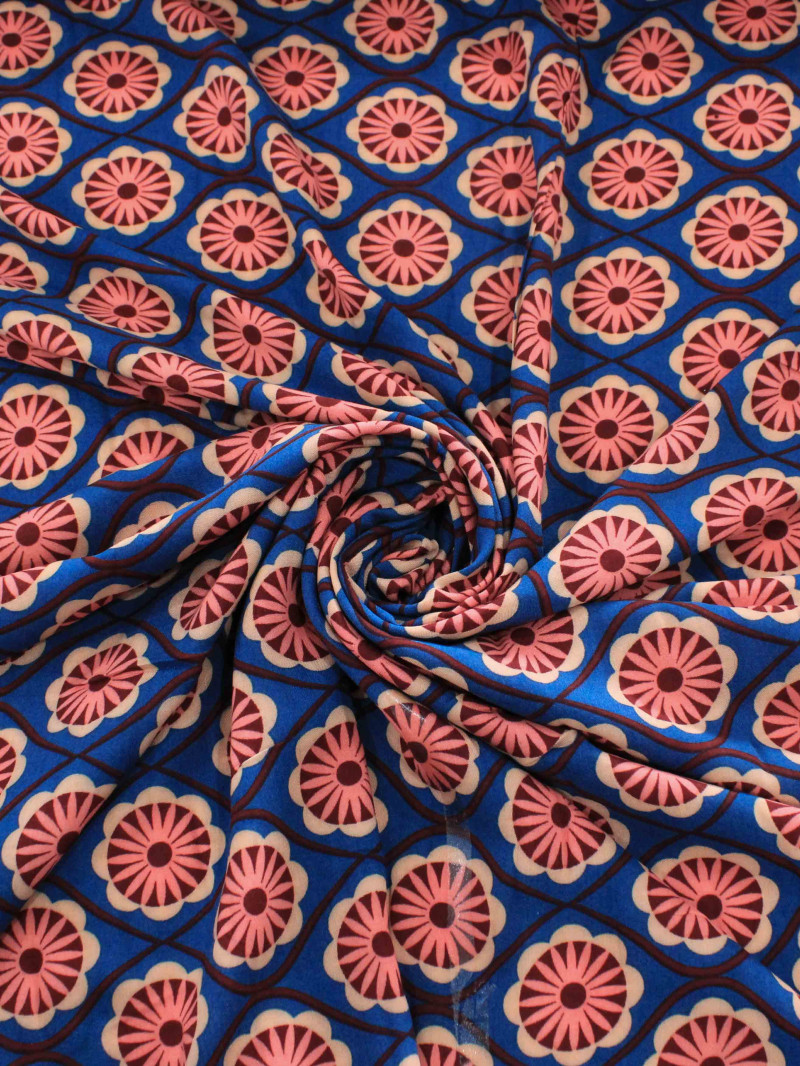 Tecido Viscose Floral Geométrico e Barrado Listrado Bordô e Azul