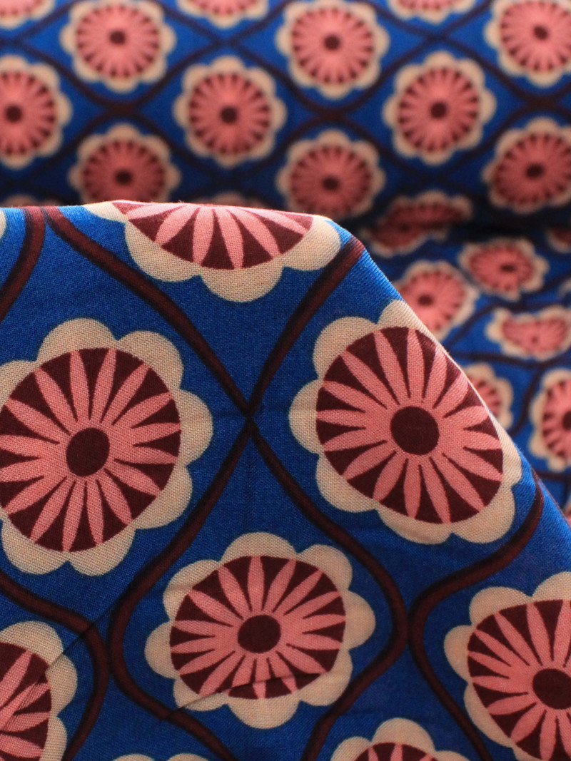 Tecido Viscose Floral Geométrico e Barrado Listrado Bordô e Azul
