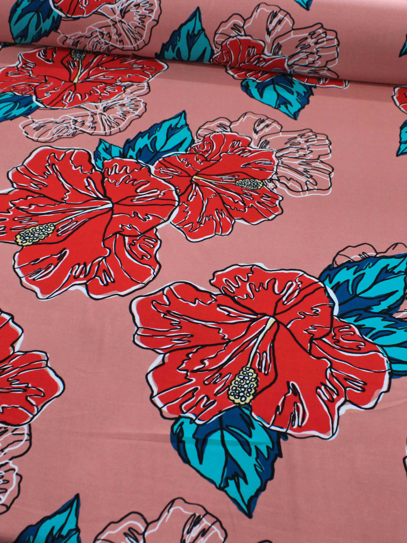 Tecido Viscose Macro Flores Vermelho e Goiaba