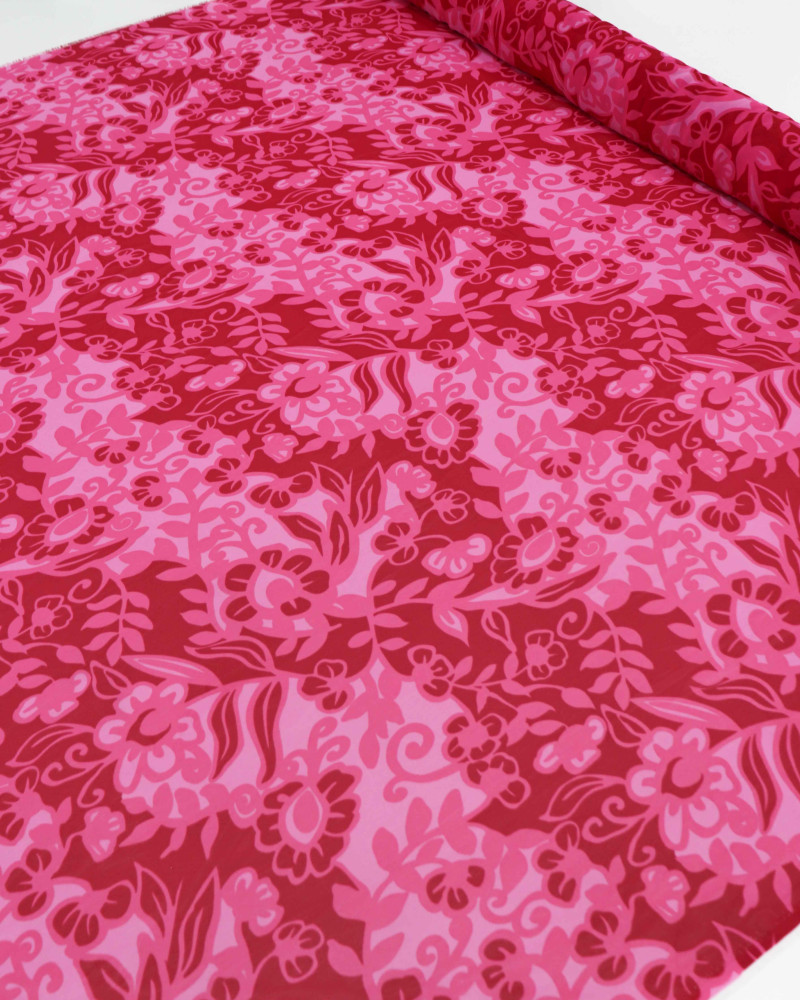 Tecido Crepe Chiffon Flores e Ramos Rosa e Marsala