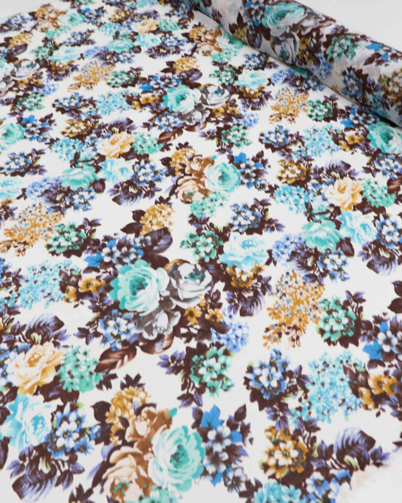 Tecido Crepe Chiffon Tapete Floral Tons de Azul e Offwhite (0.6m)