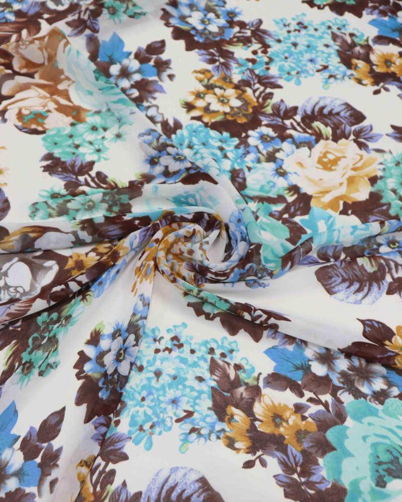 Tecido Crepe Chiffon Tapete Floral Tons de Azul e Offwhite (0.6m)