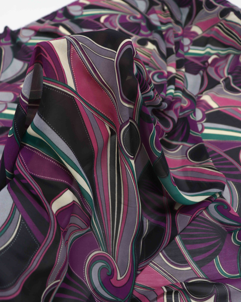 Tecido Crepe Chiffon Abstrato Preto, Verde e Roxo