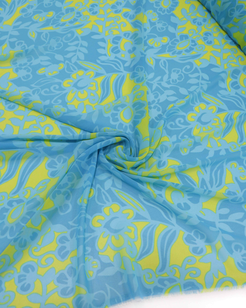 Tecido Crepe Chiffon Flores e Ramos Amarelo e Azul